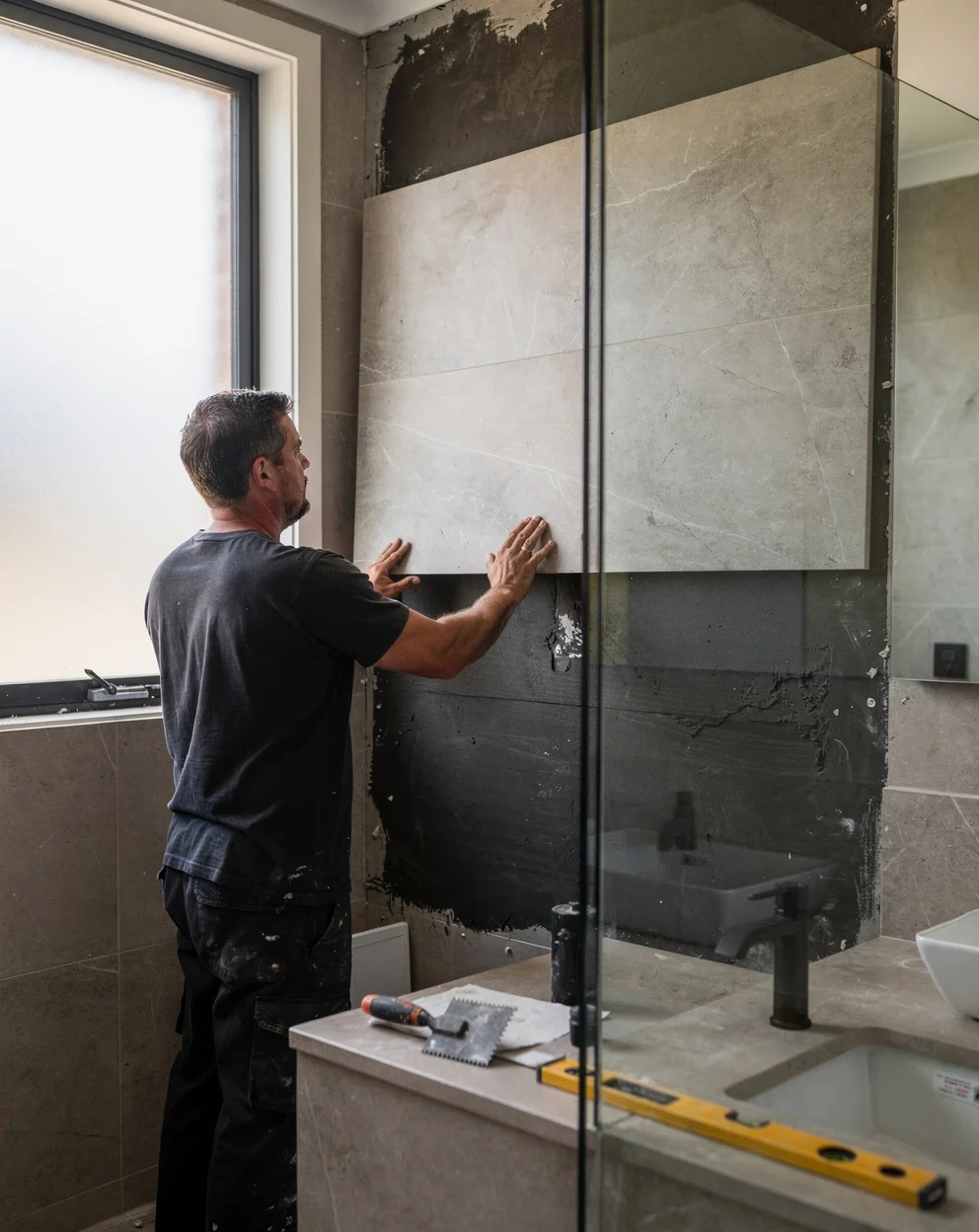Finished Waterline bathroom with sea-glass tiles, travertine vanity and walk-in shower